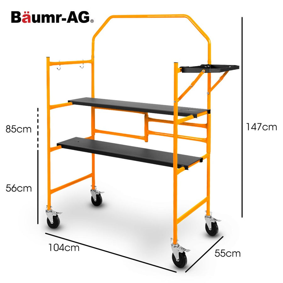 BAUMR-AG Mobile Scaffold Platform, 226kg Load, Steel Frame, Dual Height, Folding for easy Transport and Storage, Locking Castors, Tool Tray
