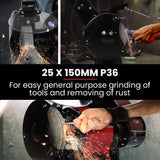 BAUMR-AG Bench Grinder and Belt Sander Combo, 150mm Grinding Disc, 50 x 686mm Linisher, Brushless Motor, Worklight - Close-Up Angle