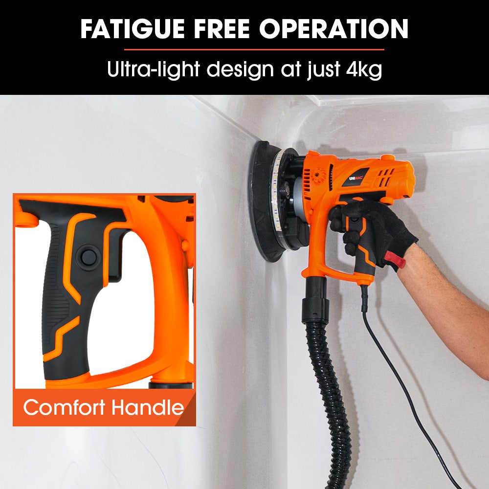 UNIMAC 180mm 850W Handheld Drywall Sander, Electric Dry Wall Sanding Machine, with Automatic Vacuum System, LED Worklight, 6x Sanding Discs