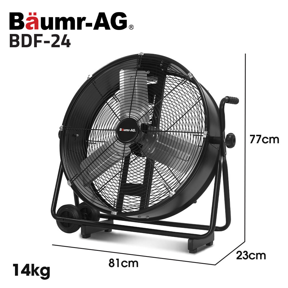 BAUMR-AG 24 610mm 260W Industrial Mobile Floor Drum Fan, Tilting, Large, Commercial, Heavy-duty Frame, EESS Certified