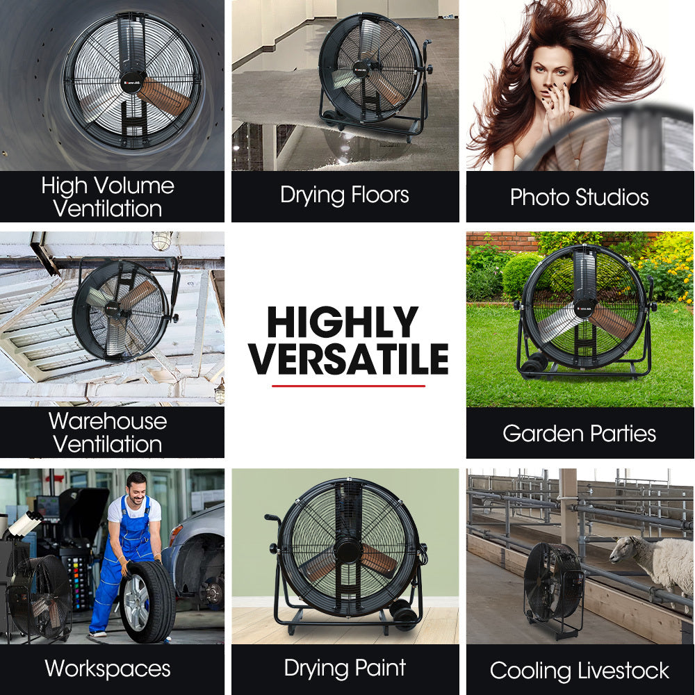 BAUMR-AG 24 610mm 260W Industrial Mobile Floor Drum Fan, Tilting, Large, Commercial, Heavy-duty Frame, EESS Certified