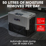 Baumr-AG 50L/day Commercial Air Dehumidifier for Mould, Portable, Stackable, LCD Display, Wheels - 45-Degree Angle