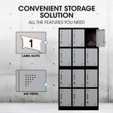 FORTIA 12-Door Metal Storage Locker Cabinet Gym Office Lockers Compartment, Black & Light Grey - Extra Image