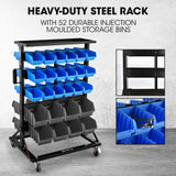 BAUMR-AG 52 Parts Bin Rack Storage System Mobile Double-Sided - Blue - Front View