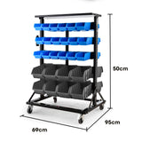 BAUMR-AG 52 Parts Bin Rack Storage System Mobile Double-Sided - Blue - Rear View