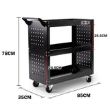 Bullet 3-Tier Steel Tool Trolley Cart, for Workshop, Mechanic, with Pegboard, Screwdriver Bay, Black - Front View