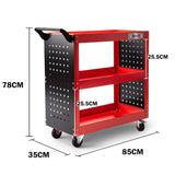 BULLET 3-Tier Steel Tool Trolley Cart for Workshop, Mechanic, with Pegboard, Screwdriver Bay, Red - Front View