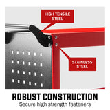BULLET 3-Tier Steel Tool Trolley Cart for Workshop, Mechanic, with Pegboard, Screwdriver Bay, Red - Side View