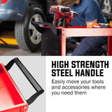 BULLET 3-Tier Steel Tool Trolley Cart for Workshop, Mechanic, with Pegboard, Screwdriver Bay, Red - Close-Up Angle
