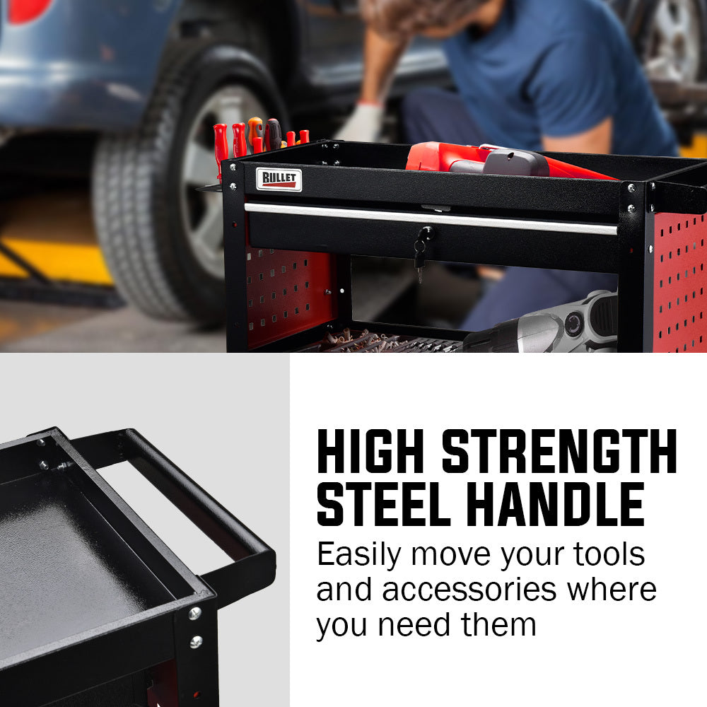 BULLET 3-Tier Steel Tool Trolley Cart, for Workshop, Mechanic, with Drawer, Pegboard, Screwdriver Bay, Black/Red