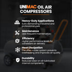 Unimac 70L 2.2kW Commercial Air Compressor, 280L/min 116PSI, Brushless Motor, Certified Tank, Long Service Life