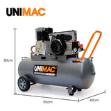 Unimac 100L 2.6kW Industrial Air Compressor, 370L/min 116PSI, Brushless Motor, Long Service Life, Certified Tank, 15A Plug - Front View