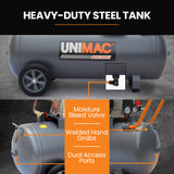 Unimac 100L 2.6kW Industrial Air Compressor, 370L/min 116PSI, Brushless Motor, Long Service Life, Certified Tank, 15A Plug - Low Angle