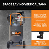 Unimac 100L 2.6kW Industrial Air Compressor, 370L/min 116PSI, Brushless Motor, Long Service Life, Certified Vertical Tank, 15A Plug - Close-Up Angle
