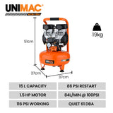 UNIMAC 15L Pancake Air Compressor, 116PSI Portable Silent Oil-Free Electric, for Airtools Tyre Inflation - Front View