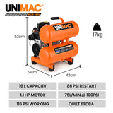 UNIMAC 16L Twin Tank Air Compressor, 116PSI Portable Silent Oil-Free Electric, for Airtools Tyre Inflation - Front View