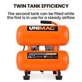 UNIMAC 16L Twin Tank Air Compressor, 116PSI Portable Silent Oil-Free Electric, for Airtools Tyre Inflation - Side View