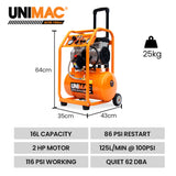 Unimac 16L Silent Oil-Free Electric Air Compressor, 116PSI Portable with Wheels and Handle, Twin Nitto Outlets for Airtools, Tyre Inflation - Front View