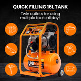 Unimac 16L Silent Oil-Free Electric Air Compressor, 116PSI Portable with Wheels and Handle, Twin Nitto Outlets for Airtools, Tyre Inflation - Close-Up Angle