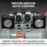 UNIMAC 100L 4.5HP Silent Oil-Free Air Compressor, with Twin Nitto Outlets, 15A Plug - 45-Degree Angle