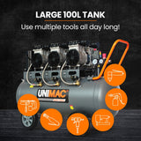 UNIMAC 100L 4.5HP Silent Oil-Free Air Compressor, with Twin Nitto Outlets, 15A Plug - Close-Up Angle