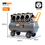 Unimac 150L 4.5HP Ultra-Slient Oil-Free Electric Air Compressor, Long Life Quad Motor, 116PSI Portable Heavy Duty, Twin Nitto Outlets, 15A Plug - Front View