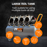 Unimac 150L 4.5HP Ultra-Slient Oil-Free Electric Air Compressor, Long Life Quad Motor, 116PSI Portable Heavy Duty, Twin Nitto Outlets, 15A Plug - Low Angle