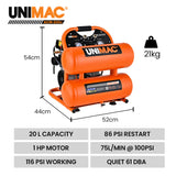 UNIMAC 20L Twin Tank Air Compressor, 116PSI Portable Silent Oil-Free Electric, for Airtools Tyre Inflation - Front View