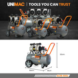 UNIMAC 40L 2.0HP Silent Oil-Free Electric Air Compressor, Portable, Twin Nitto Outlets - 45-Degree Angle