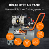 UNIMAC 40L 2.0HP Silent Oil-Free Electric Air Compressor, Portable, Twin Nitto Outlets - Rear View