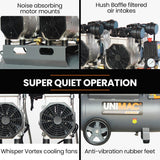 UNIMAC 50L 3.0HP Silent Oil-Free Electric Air Compressor, Portable, Twin Nitto Outlets - Side View