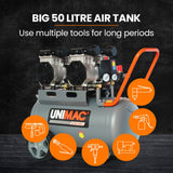 UNIMAC 50L 3.0HP Silent Oil-Free Electric Air Compressor, Portable, Twin Nitto Outlets - Rear View