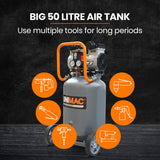 Unimac 2HP 50L Silent Oil-Free Portable Electric Air Compressor, Vertical, for Airtools, Tyre Inflation - Rear View