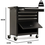 Bullet Pro 4 Drawer Tool Box Cabinet Trolley Storage, with 1-Door Toolbox Garage Organiser Set, Black - Front View