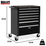 BULLET Pro 7 Drawer Tool Box Cabinet Trolley Storage, Toolbox Garage Organiser Set, Black - Front View