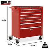 BULLET Pro 7 Drawer Tool Box Cabinet Trolley Storage, Toolbox Garage Organiser Set, Red - Front View