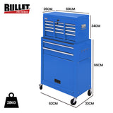 BULLET 8 Drawer Tool Box Cabinet Chest Storage, Toolbox Garage Organiser Set, Blue - Front View
