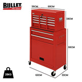 BULLET 8 Drawer Tool Box Cabinet Chest Storage, Toolbox Garage Organiser Set, Red - Front View