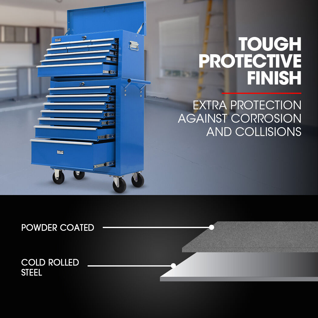 Bullet 16 Drawer Tool Box Cabinet Chest Storage, Toolbox Garage Organiser Set, Blue