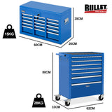 BULLET 16 Drawer Tool Box Cabinet Chest Storage, Toolbox Garage Organiser Set, Blue - Close-Up Angle