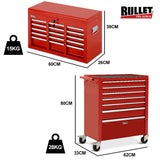 Bullet Pro 16 Drawer Tool Box Cabinet Chest Storage, Toolbox Garage Organiser Set, Red - Front View