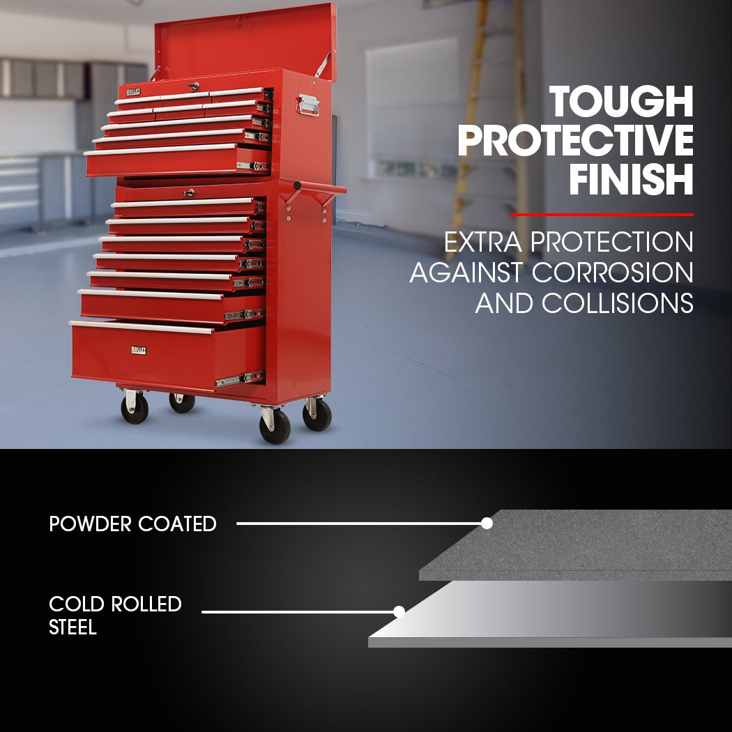 Bullet Pro 16 Drawer Tool Box Cabinet Chest Storage, Toolbox Garage Organiser Set, Red