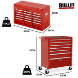 Bullet Pro 16 Drawer Tool Box Cabinet Chest Storage, Toolbox Garage Organiser Set, Red - Extra Image