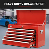 BULLET Pro 9 Drawer Tool Box Chest, Organiser Mechanic Garage Storage Toolbox Set - Red - Side View