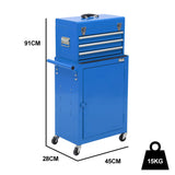 Bullet Pro 3 Drawer Tool Box Cabinet Trolley Storage, with 1-Door Toolbox Garage Organiser Set, Blue - Front View