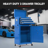 Bullet Pro 3 Drawer Tool Box Cabinet Trolley Storage, with 1-Door Toolbox Garage Organiser Set, Blue - Side View