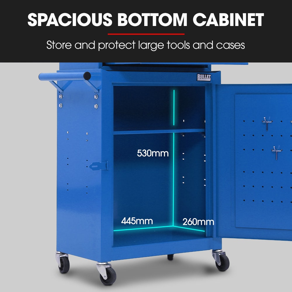Bullet Pro 3 Drawer Tool Box Cabinet Trolley Storage, with 1-Door Toolbox Garage Organiser Set, Blue