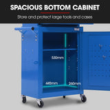 Bullet Pro 3 Drawer Tool Box Cabinet Trolley Storage, with 1-Door Toolbox Garage Organiser Set, Blue - 45-Degree Angle