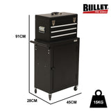 Bullet Pro 3 Drawer Tool Box Cabinet Trolley Storage, with 1-Door Toolbox Garage Organiser Set, Black - Front View