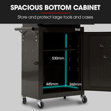 Bullet Pro 3 Drawer Tool Box Cabinet Trolley Storage, with 1-Door Toolbox Garage Organiser Set, Black - 45-Degree Angle